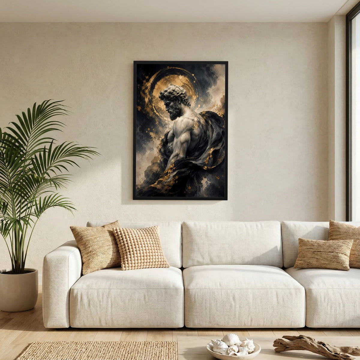 Kunstposter im Hochformat: Statue mit goldenem Heiligenschein, schwarze und goldene Akzente.