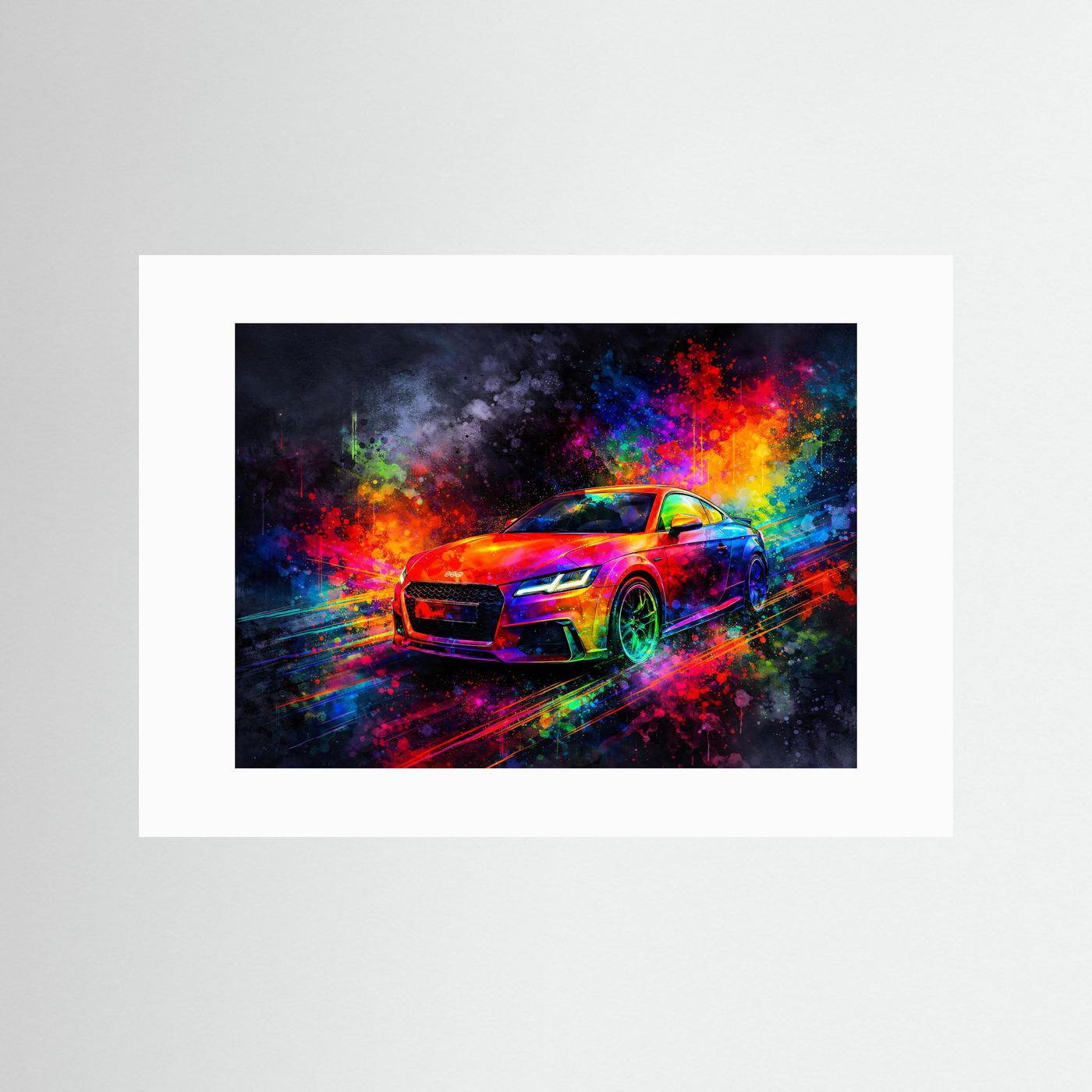 Explosiver Modern Sportwagen | Buntes Neon Auto Wandbild & Kunst Poster Querformat