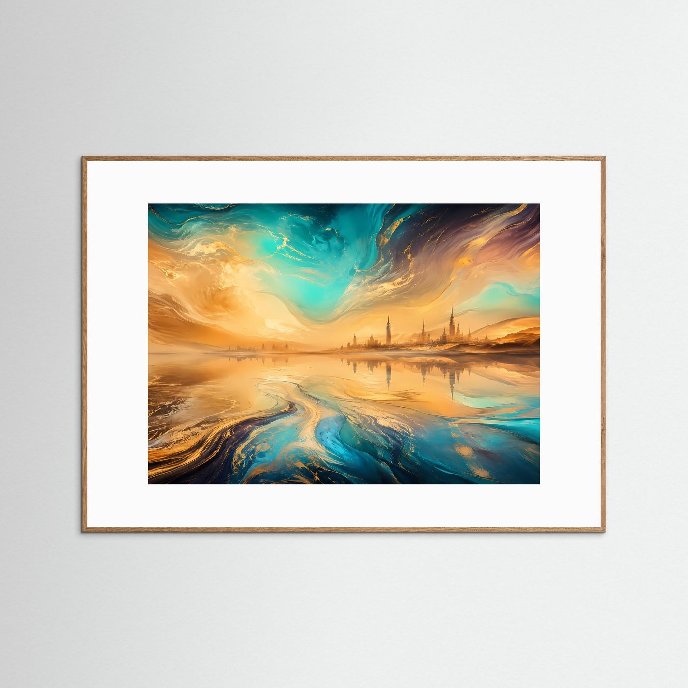 Fata Morgana Poster | Surreale Wüstenlandschaft mit Gold und Türkis | Abstrakte Traumlandschaft | Modernes Wandbild