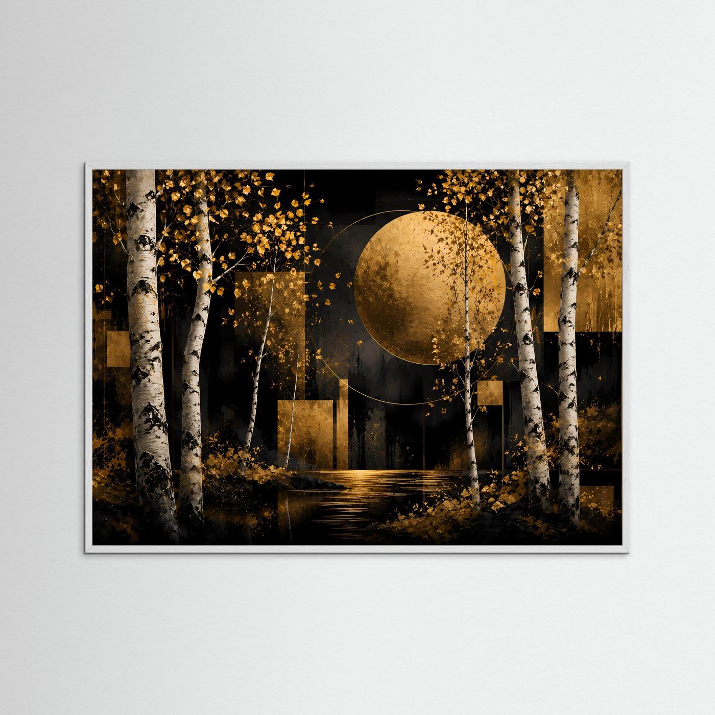 Poster im Querformat mit Birkenwald und goldenem Mond, schwarz-gold, im weißen Rahmen