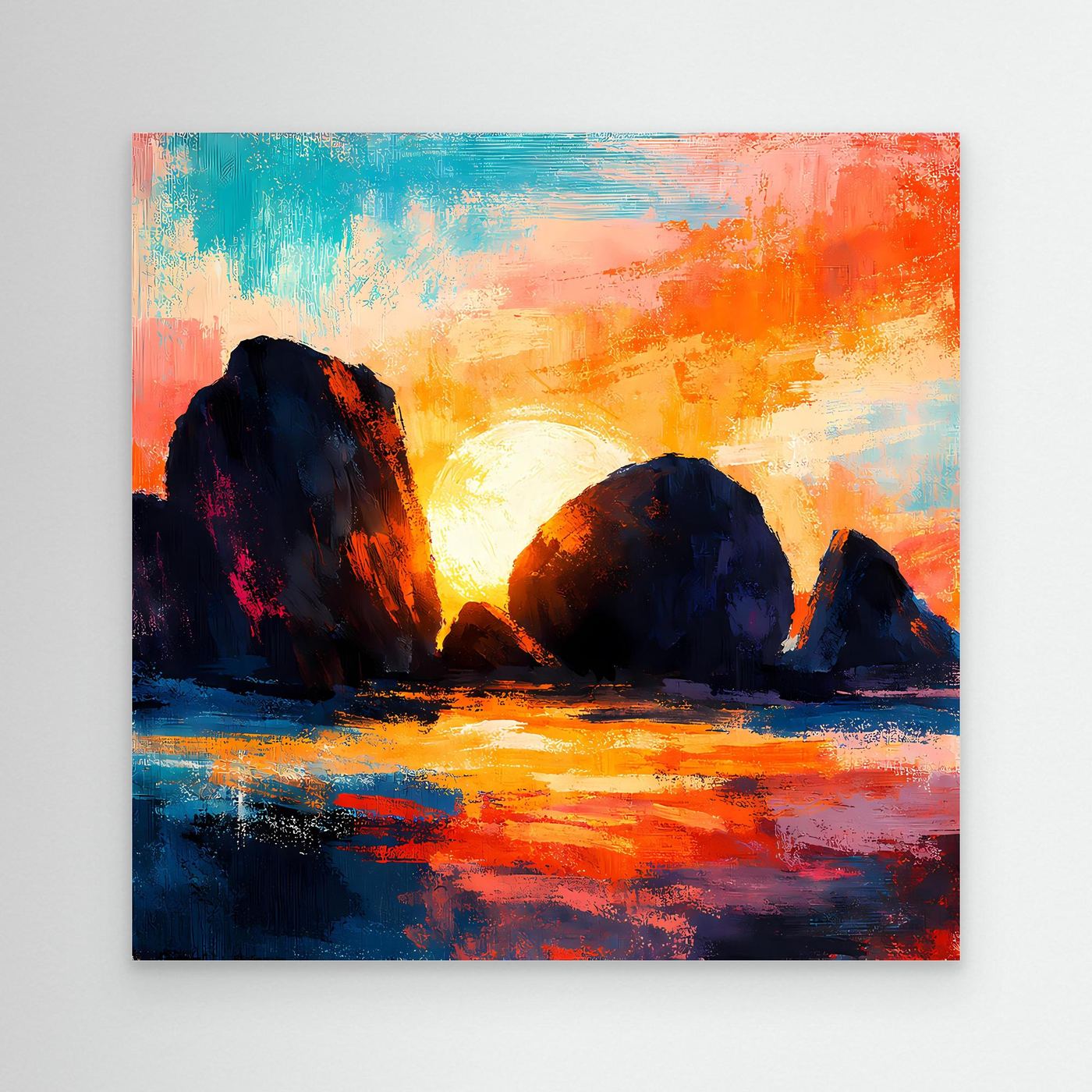 Abstraktes Küsten-Leinwandbild ohne Rahmen: dunkle Felsen, Sonne und Spiegelung im Meer