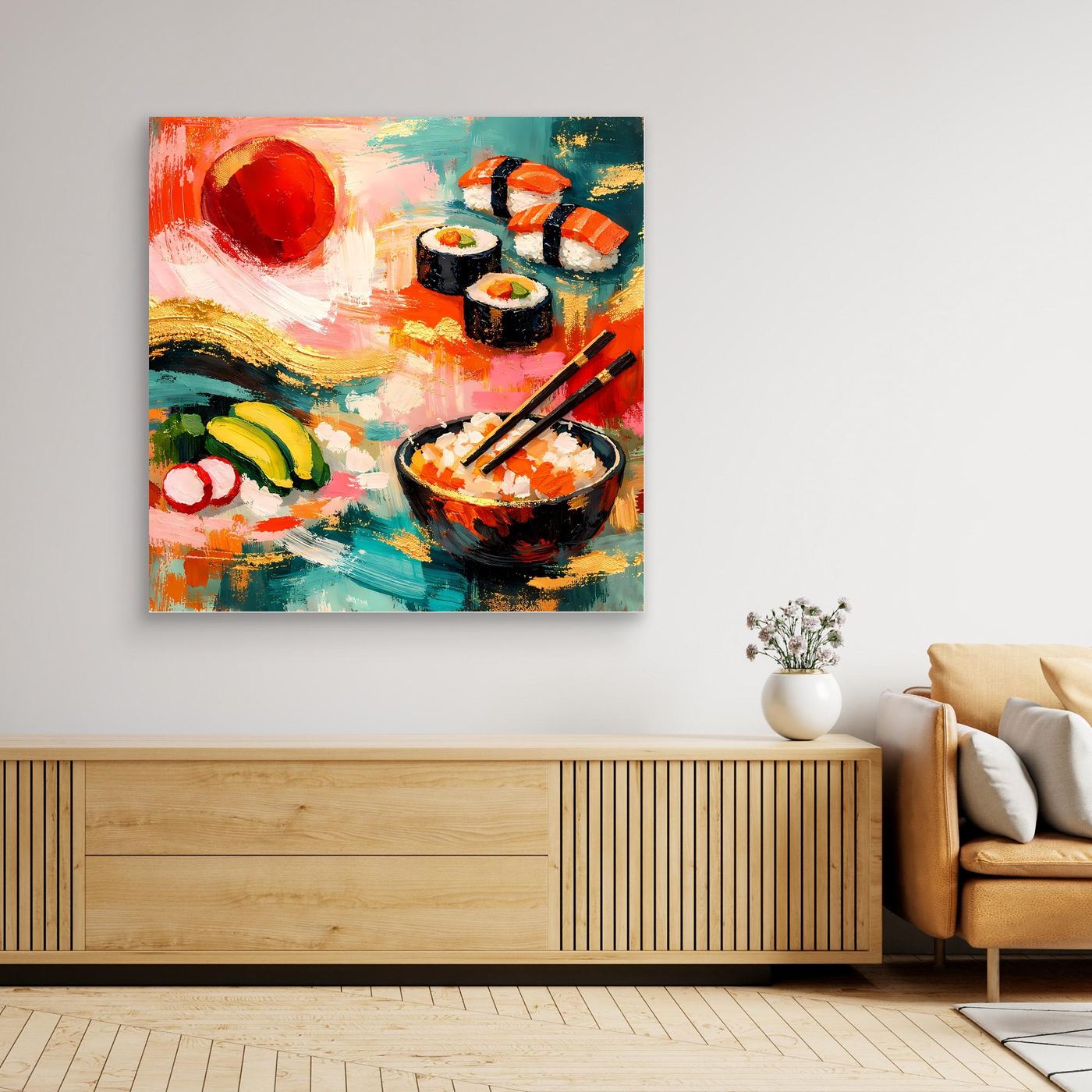 Leinwandbild mit Sushi-Motiv in kräftigen Farben, ohne sichtbaren Rahmen