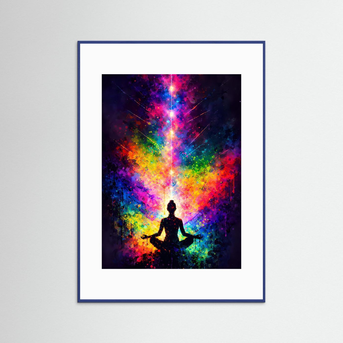 Wandbild mit Yoga-Silhouette im Farbspektrum, weißes Passepartout, blauer Rahmen