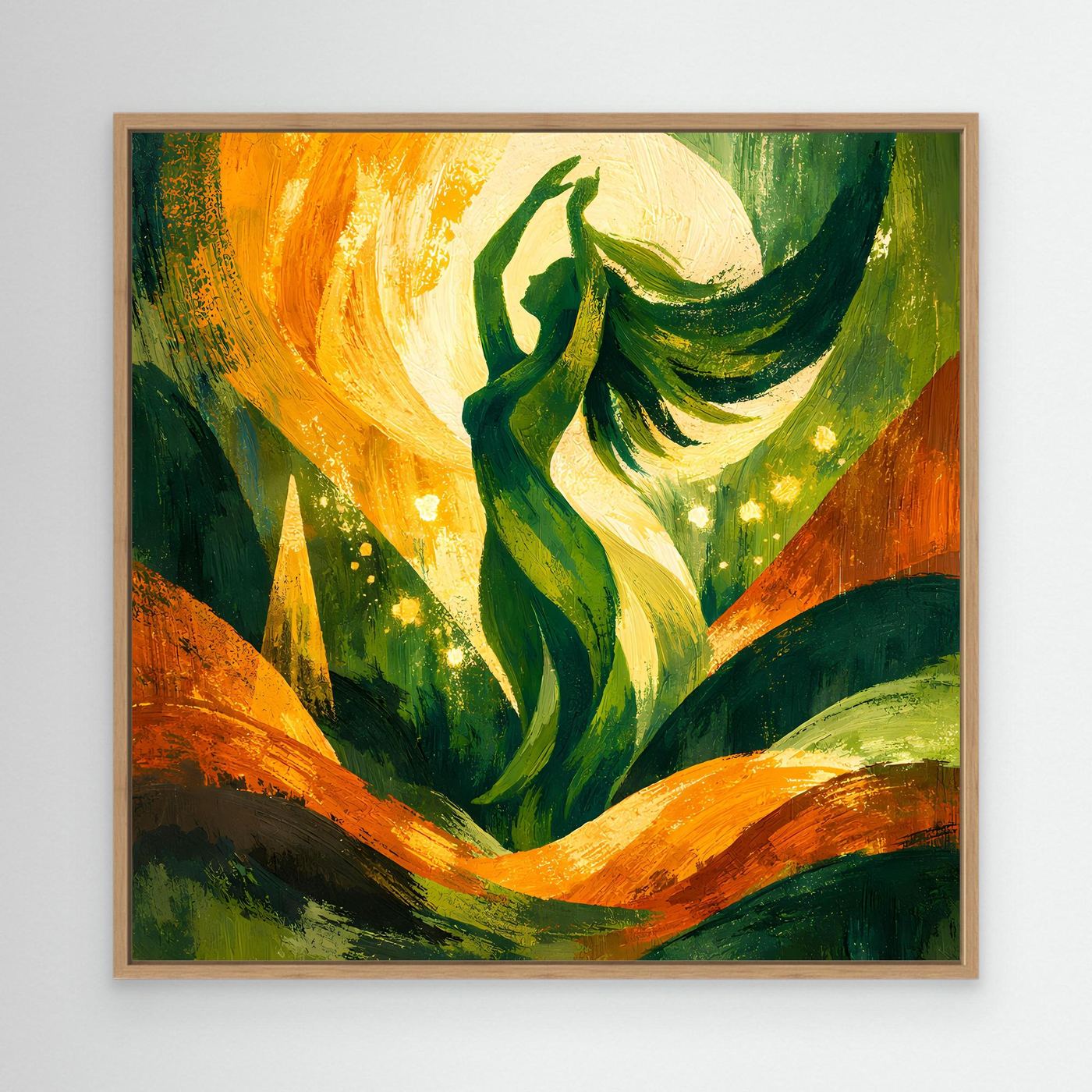 Leinwand-Wandbild Natur-Göttin mit Eichenholzrahmen, grüne Figur und orange Lichtkranz