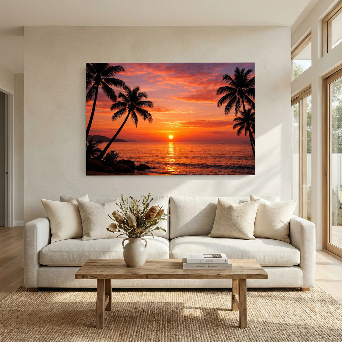 Wandbild im Querformat mit orangefarbenem Sonnenuntergang, Palmen-Silhouetten am Strand
