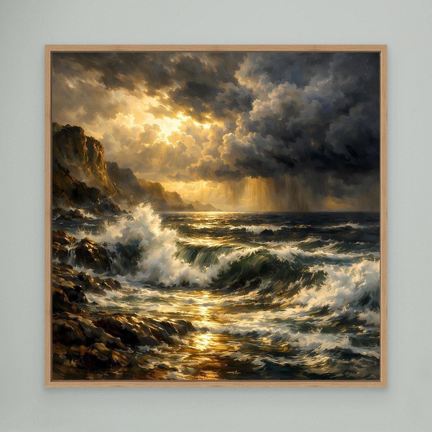 Leinwandbild mit stürmischem Meer und goldenem Licht, Wellen und Felsen, Eichenrahmen