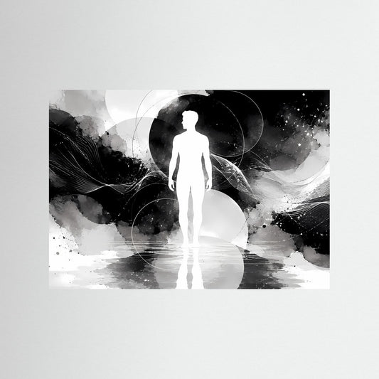 Poster mit abstrakter Menschensilhouette in Schwarz-Weiß, Kreisen und Wischspuren