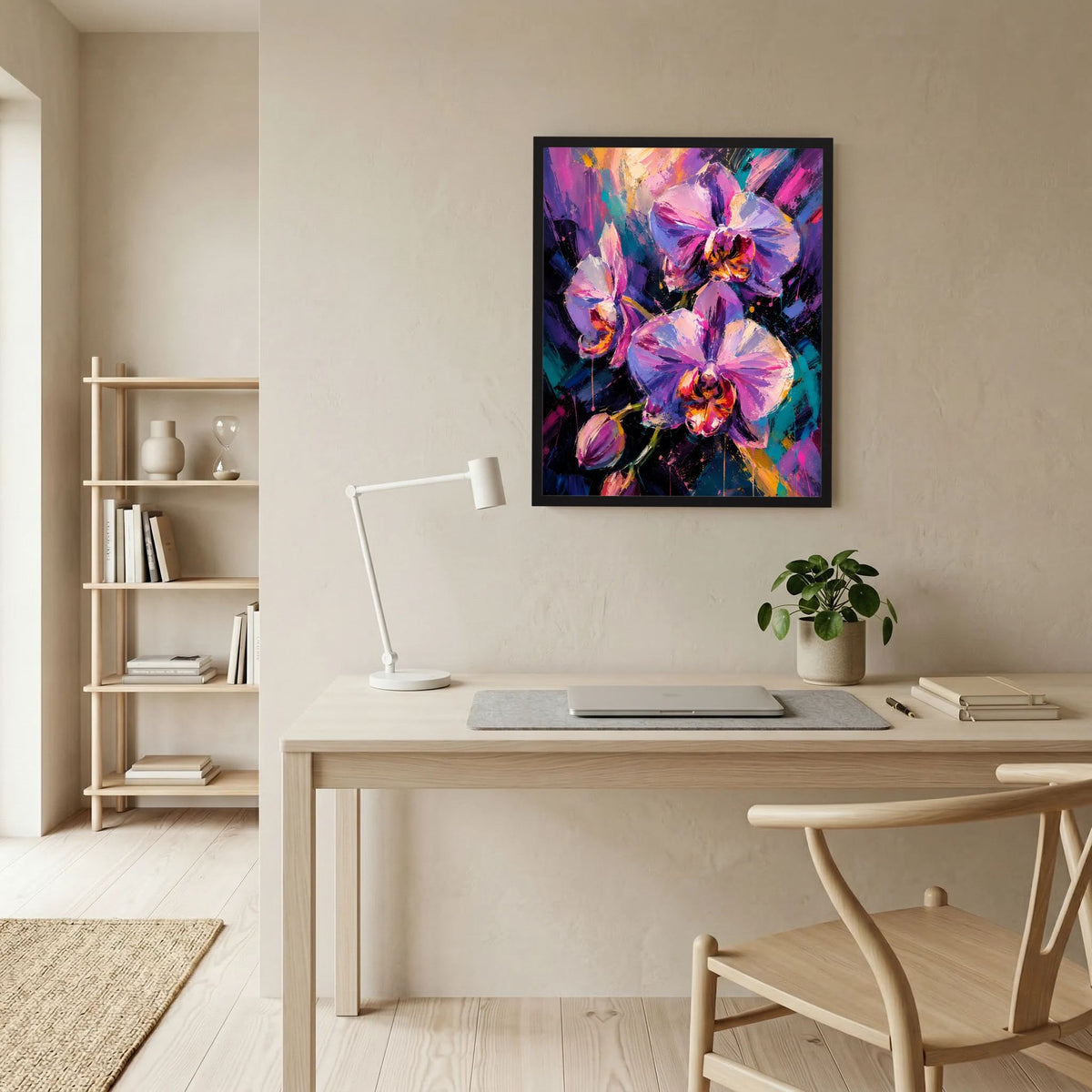 Gerahmtes Hochformat-Poster mit abstrakten Orchideen in Pink/Violett an der Wand.