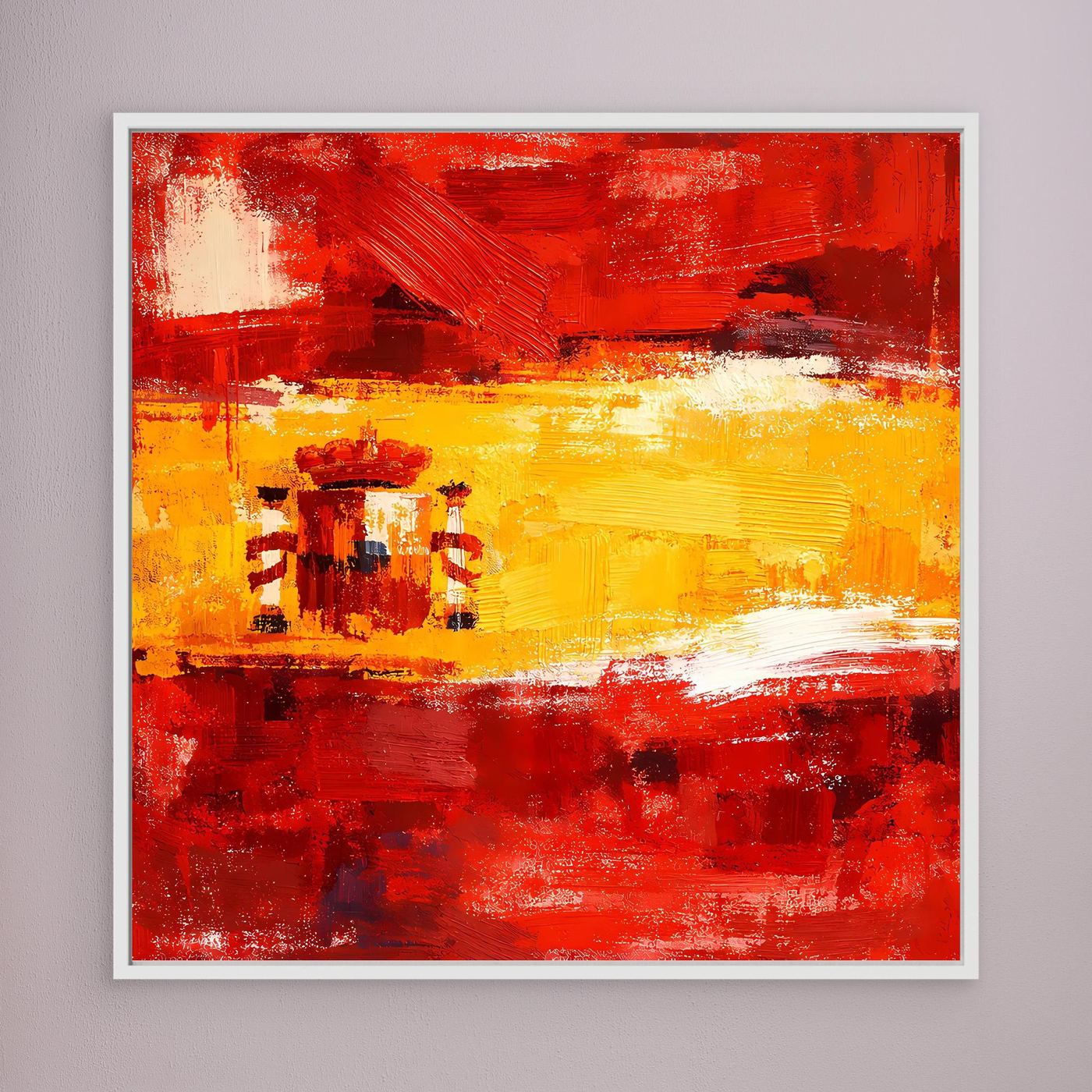 White-framed abstract canvas wall art with red and yellow brushstroke flag design