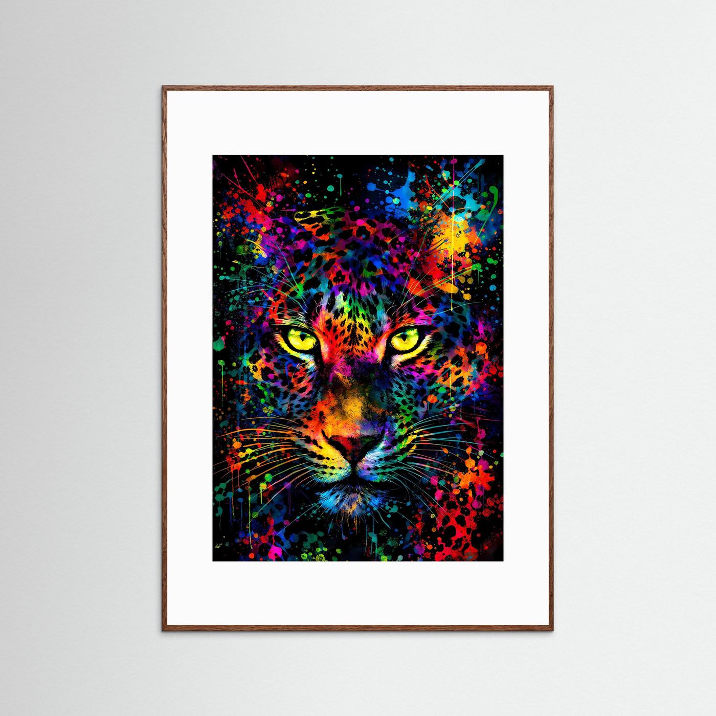Der Blick der Wildnis | Neon Leopard Poster mit leuchtenden Augen & Regenbogen-Farben | Abstraktes Wildtier Kunstposter Hochformat