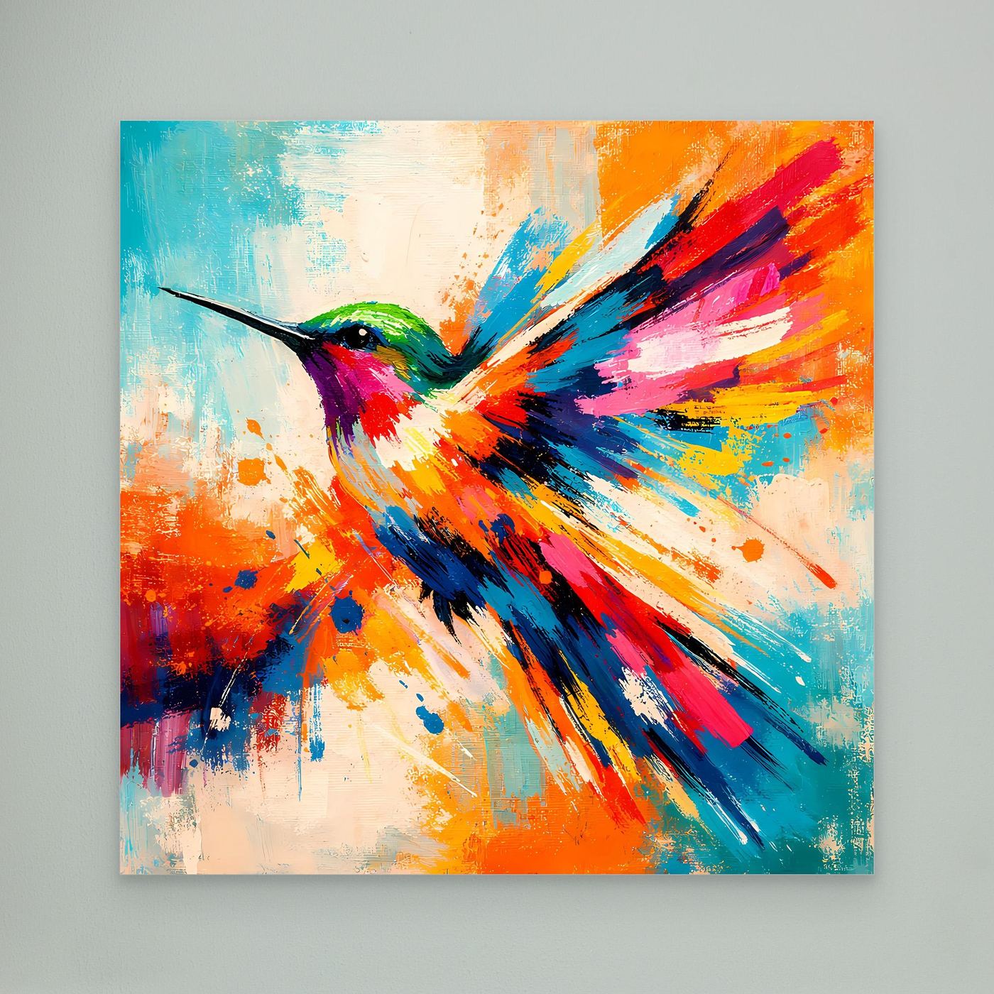 Premium Leinwand Kolibri Farbexplosion | Abstraktes Wandbild Modernes Vogel Poster