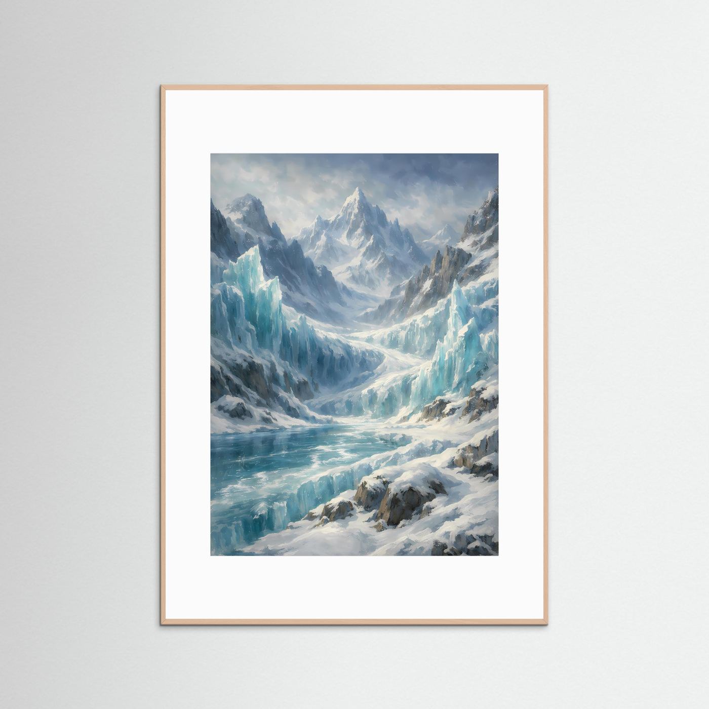 Arktis-Gemälde-Poster mit Gletscherlandschaft im hellen Holzrahmen