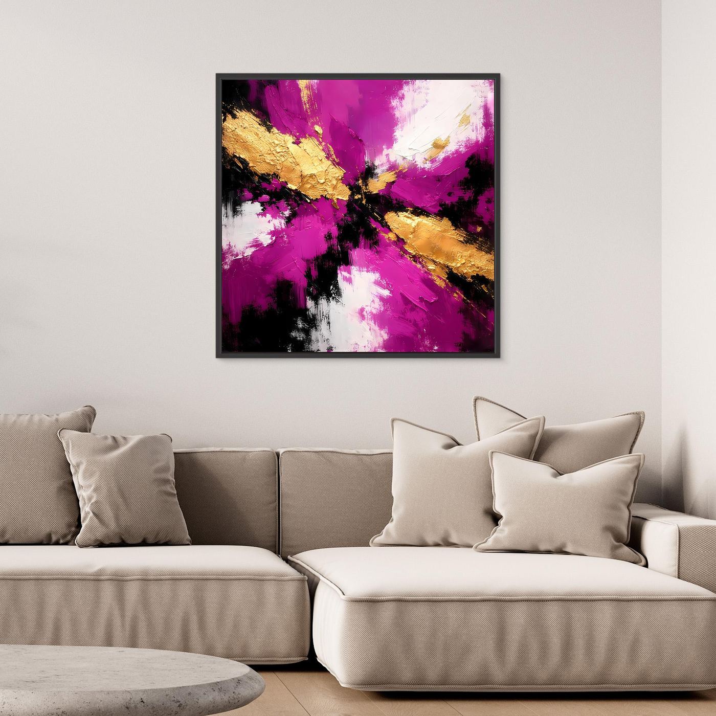 Leinwand Abstraktes Farbenspiel in Magenta und Gold | Modernes Expressives Wandbild