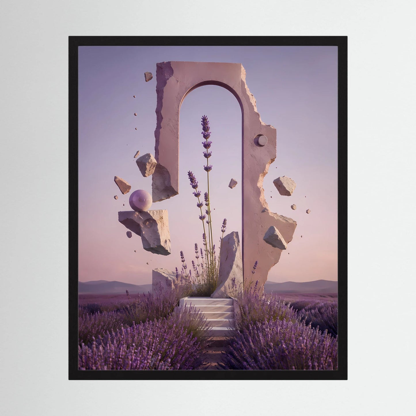 Hochformat-Poster mit schwarzem Rahmen: Lavendelportal mit Portalbogen und Treppe