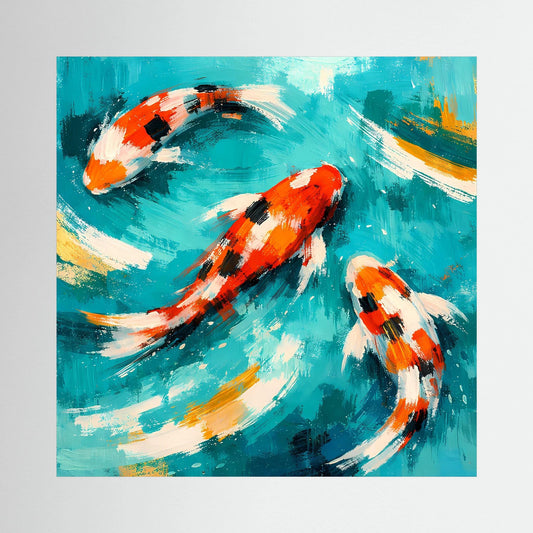 Wandbild mit zwei orange-weißen Koi-Karpfen auf türkisgrünem Wasser, Keilrahmen