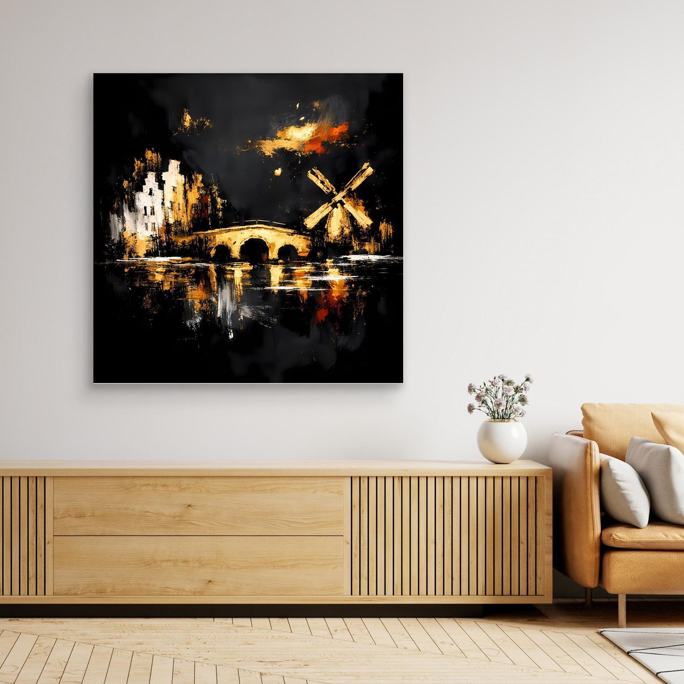 Leinwand Goldene Windmühle in Amsterdam | Abstraktes Holland Wandbild Modern
