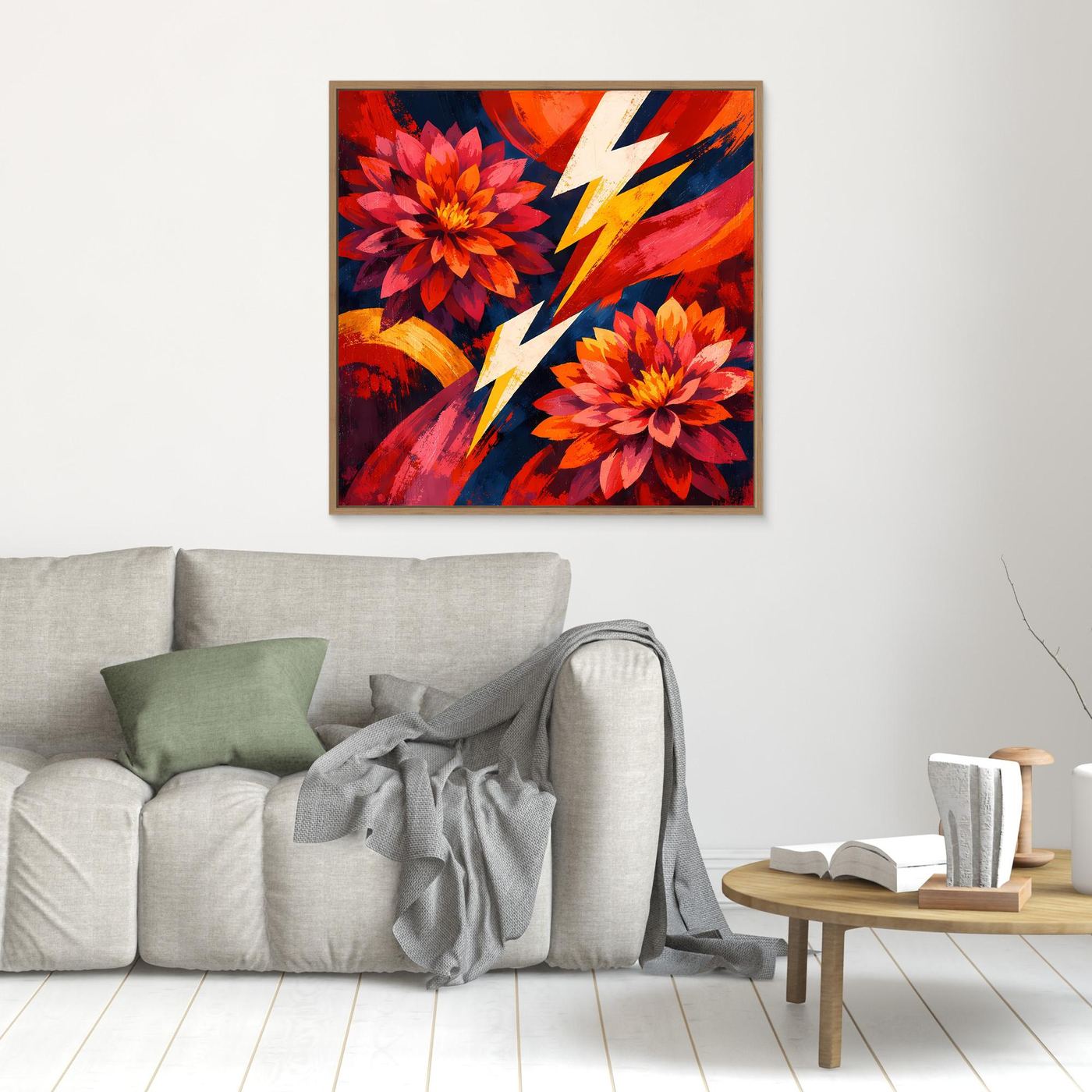 Kleines Abstrakt-Blumen-Leinwandbild: rote Blüten und gelber Blitz, brauner Rahmen.