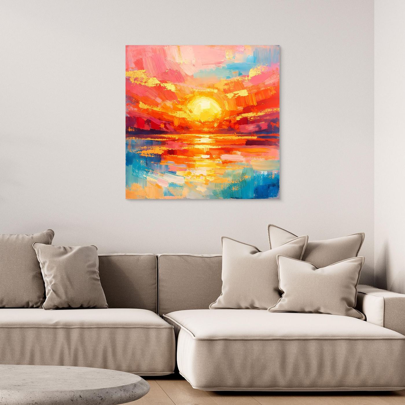 Leinwandbild mit abstraktem Meer und leuchtender Sonne, orange-blaue Pinselstriche, ohne Rahmen