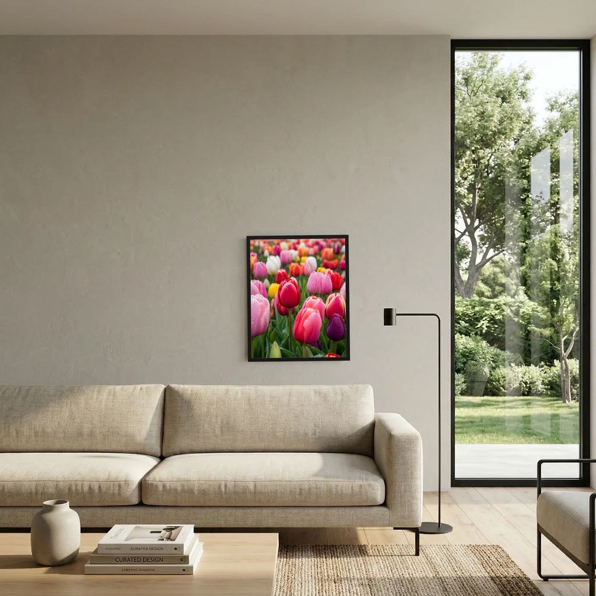 Gerahmtes Hochformat-Tulpenfeld-Poster mit bunten rosa-roten Tulpenblüten (schwarz)
