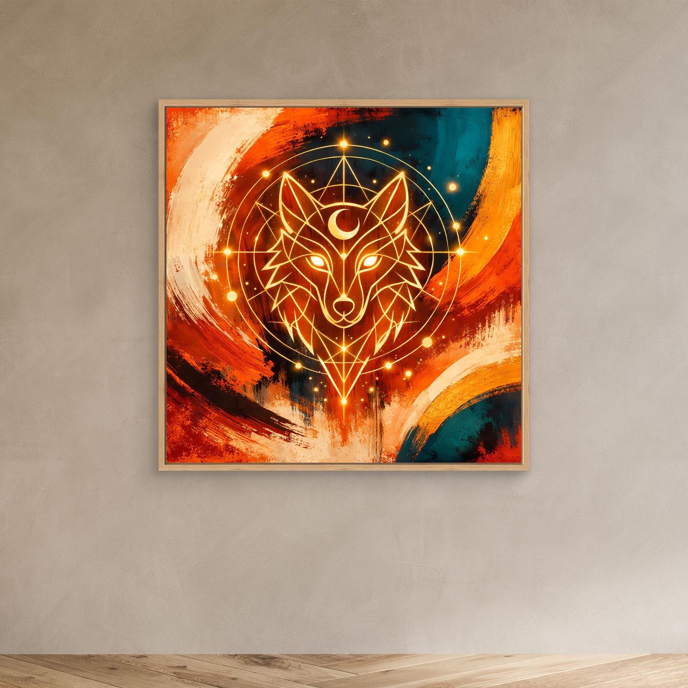 Leinwand-Wandbild mit geometrischem Wolf im abstrakten Kosmos, hellbrauner Holzrahmen