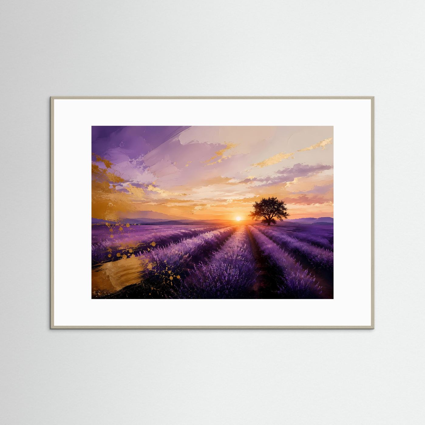 Wandbild mit Lavendelfeld und Sonnenuntergang, weißer Rahmen