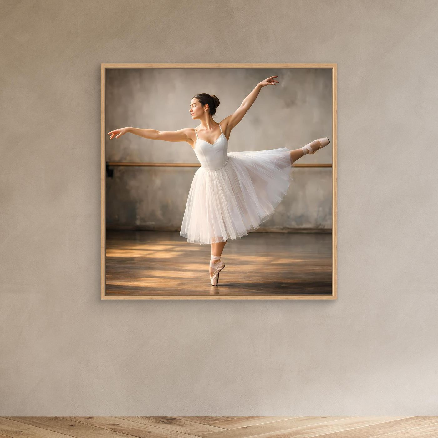Ballett-Leinwandbild mit Ballerina im weißen Tutu, goldbrauner Holzrahmen