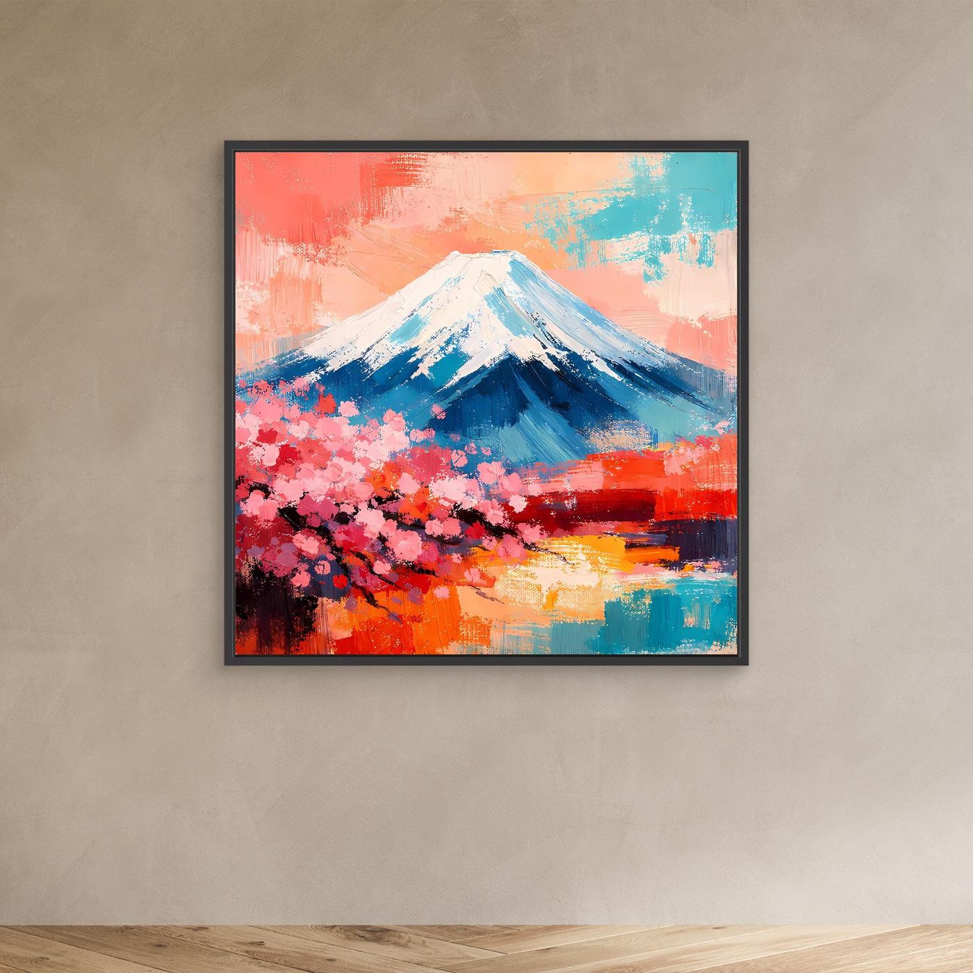 Leinwandbild mit Fuji und Kirschblüten, abstrakte Farbflächen, blau-weißer Berg, schwarzer Rahmen