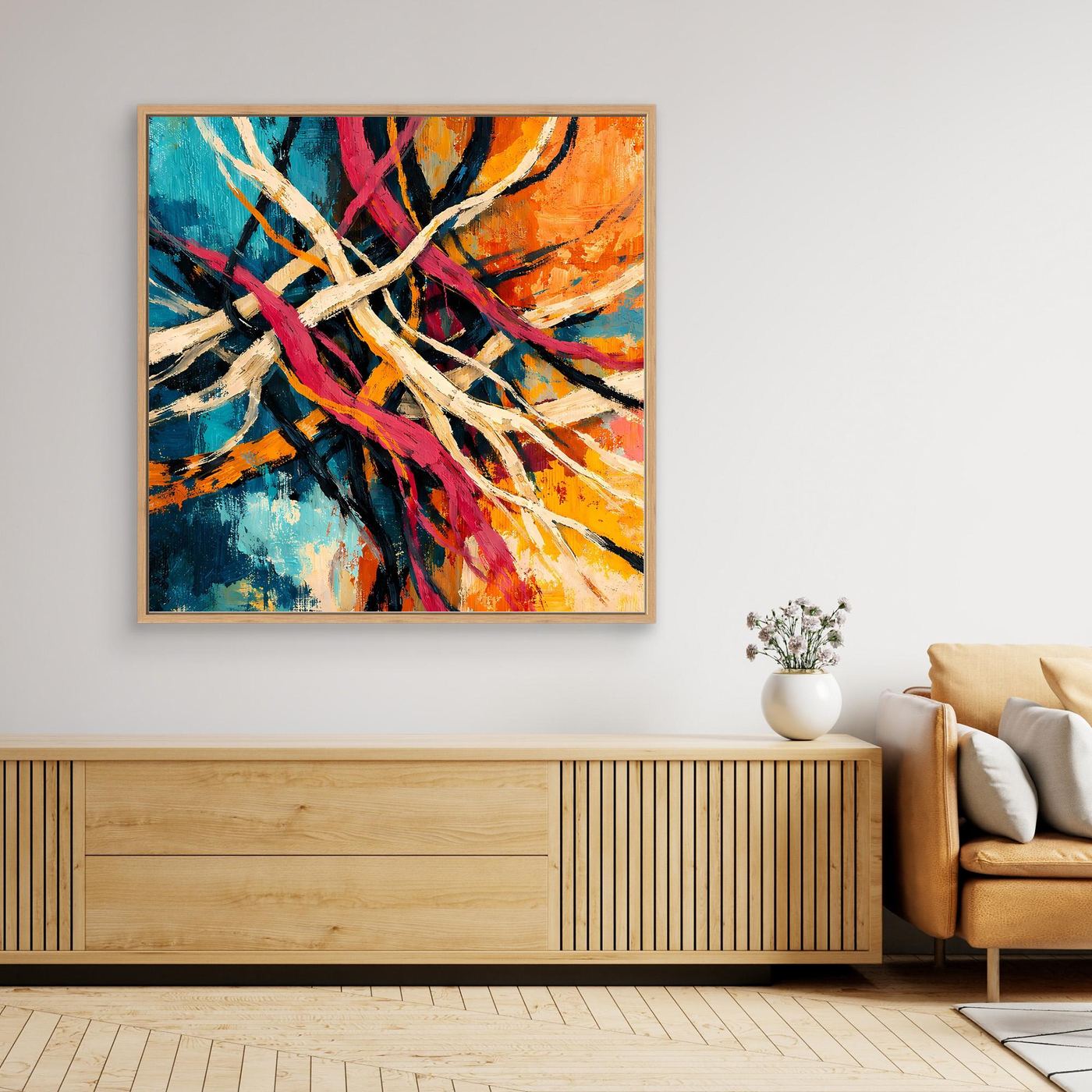 Gerahmtes abstraktes Leinwandbild, orange-blaue Farbflächen mit weißen Linien und Pink-Akzenten