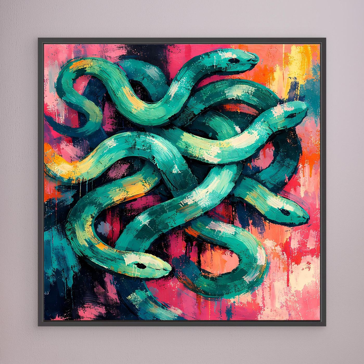 Abstract snake wall art canvas, teal-green coils with pink and orange splashes, black frame