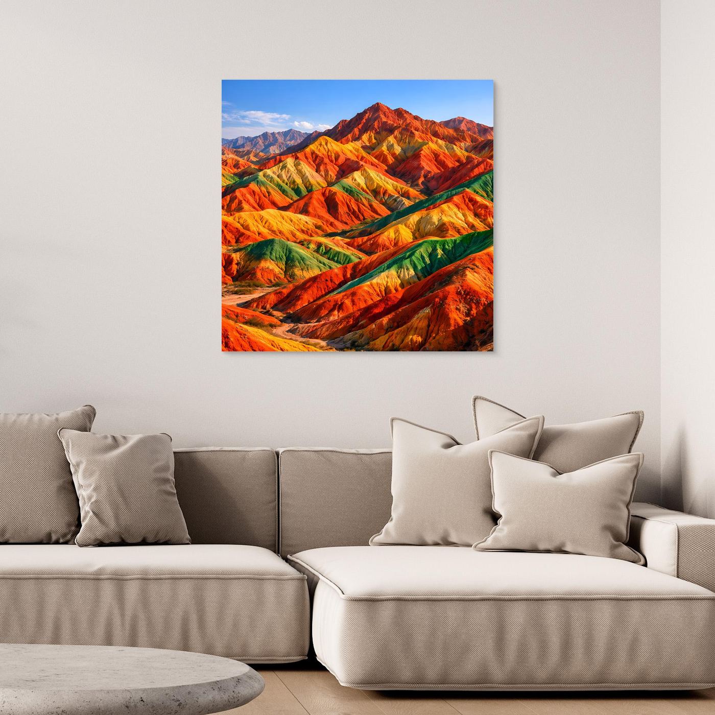 Leinwandbild Regenbogenberge mit bunten Bergfalten, Landschaftsformat, rahmenlos
