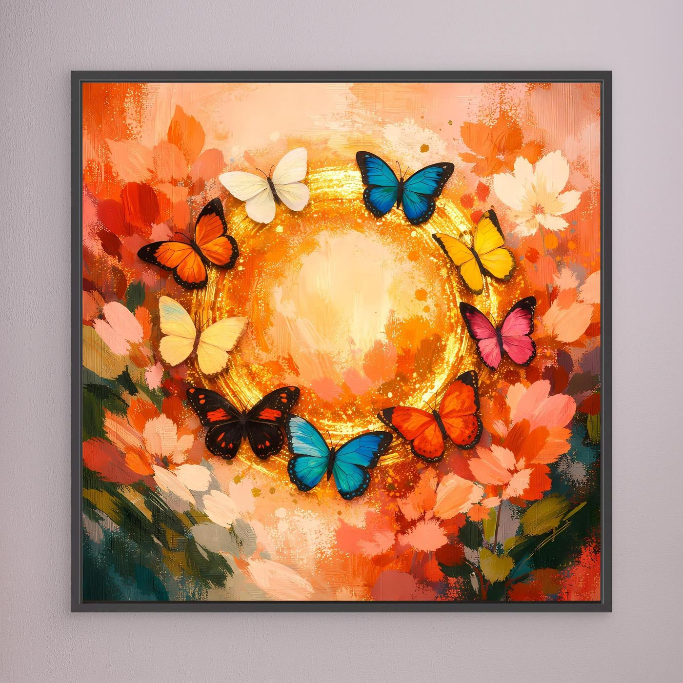 Leinwandbild mit Schmetterlingskreis: bunte Schmetterlinge um goldenen Mittelkreis, orange Blumen, schwarzer Rahmen