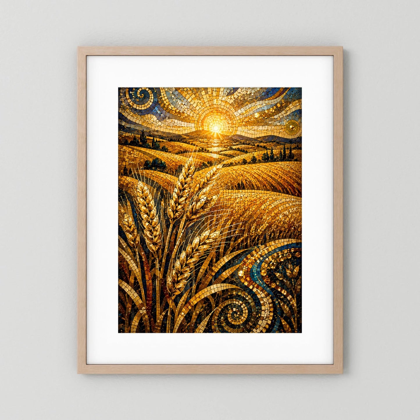 Hochformatiges Poster mit goldenem Weizenfeld im Mosaikstil, hellbrauner Holzrahmen