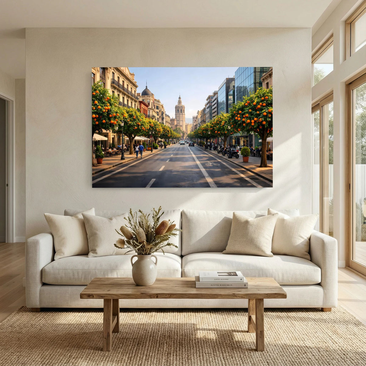 Wandbild Querformat über dem Sofa: Allee mit Orangenbäumen und Blick auf die Altstadt