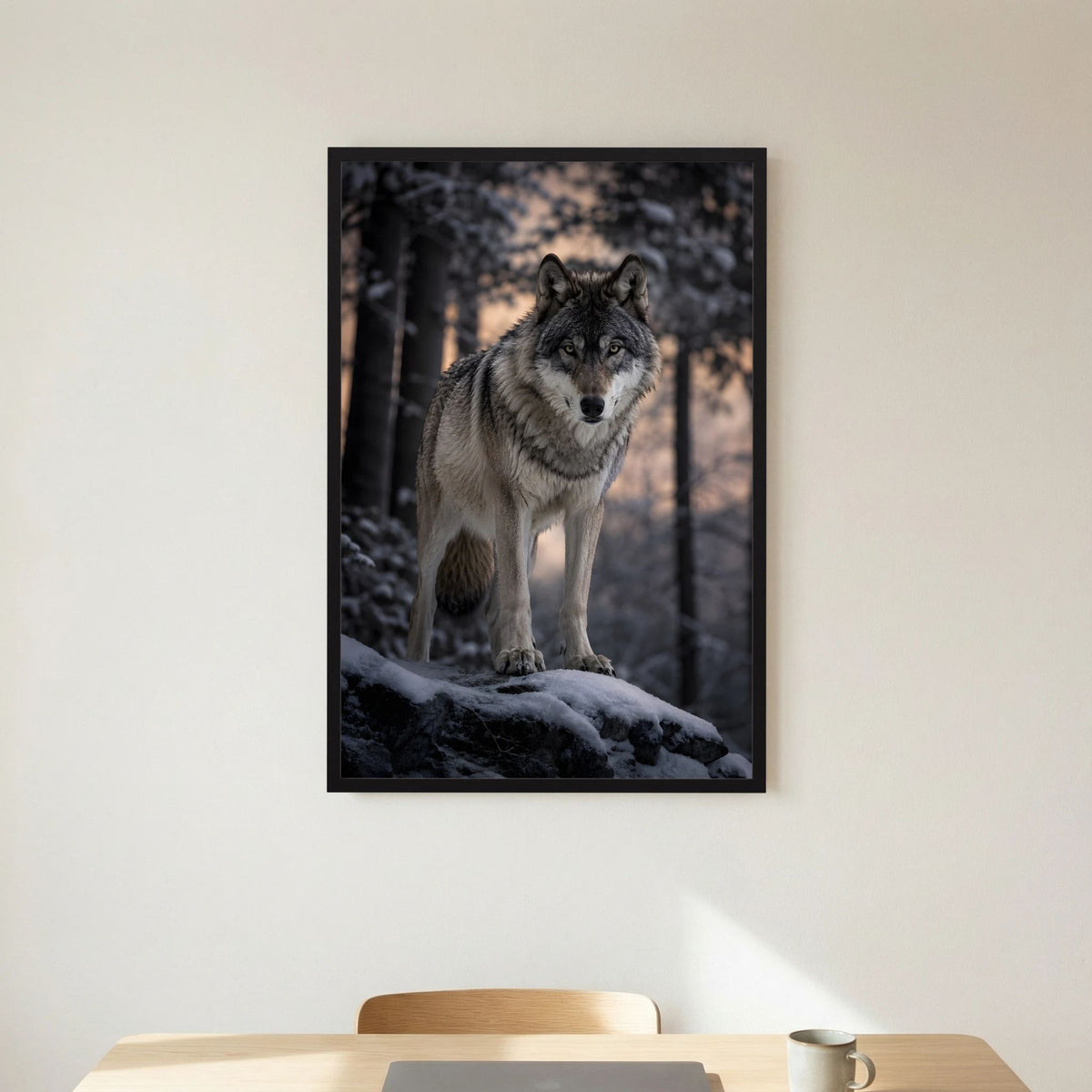 Wolf-Porträtposter im Hochformat, Grauwolf auf schneebedecktem Ast, schwarzer Rahmen