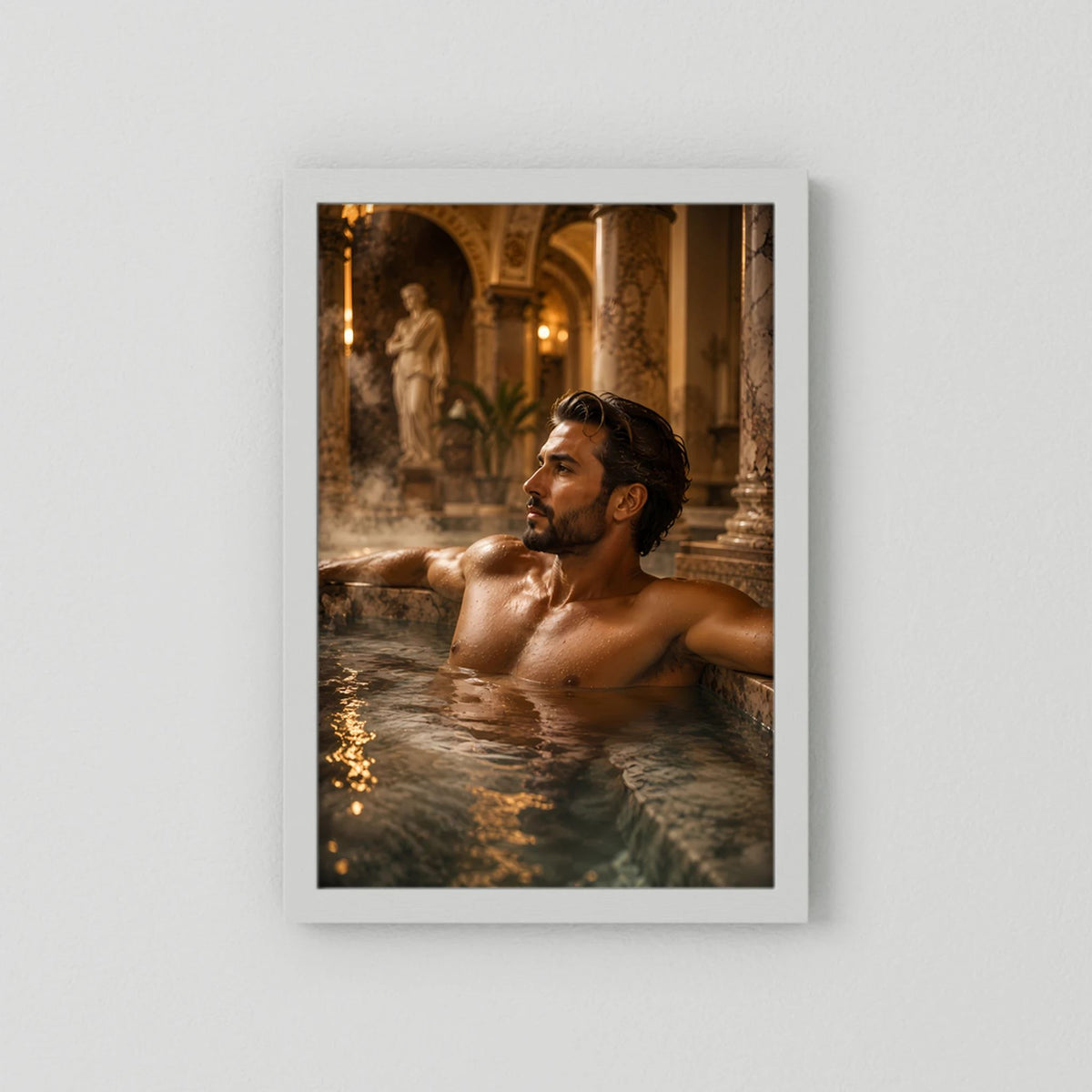 Weiß gerahmtes Thermalbad-Poster mit Mann im Becken, Schulterblick im Wasser