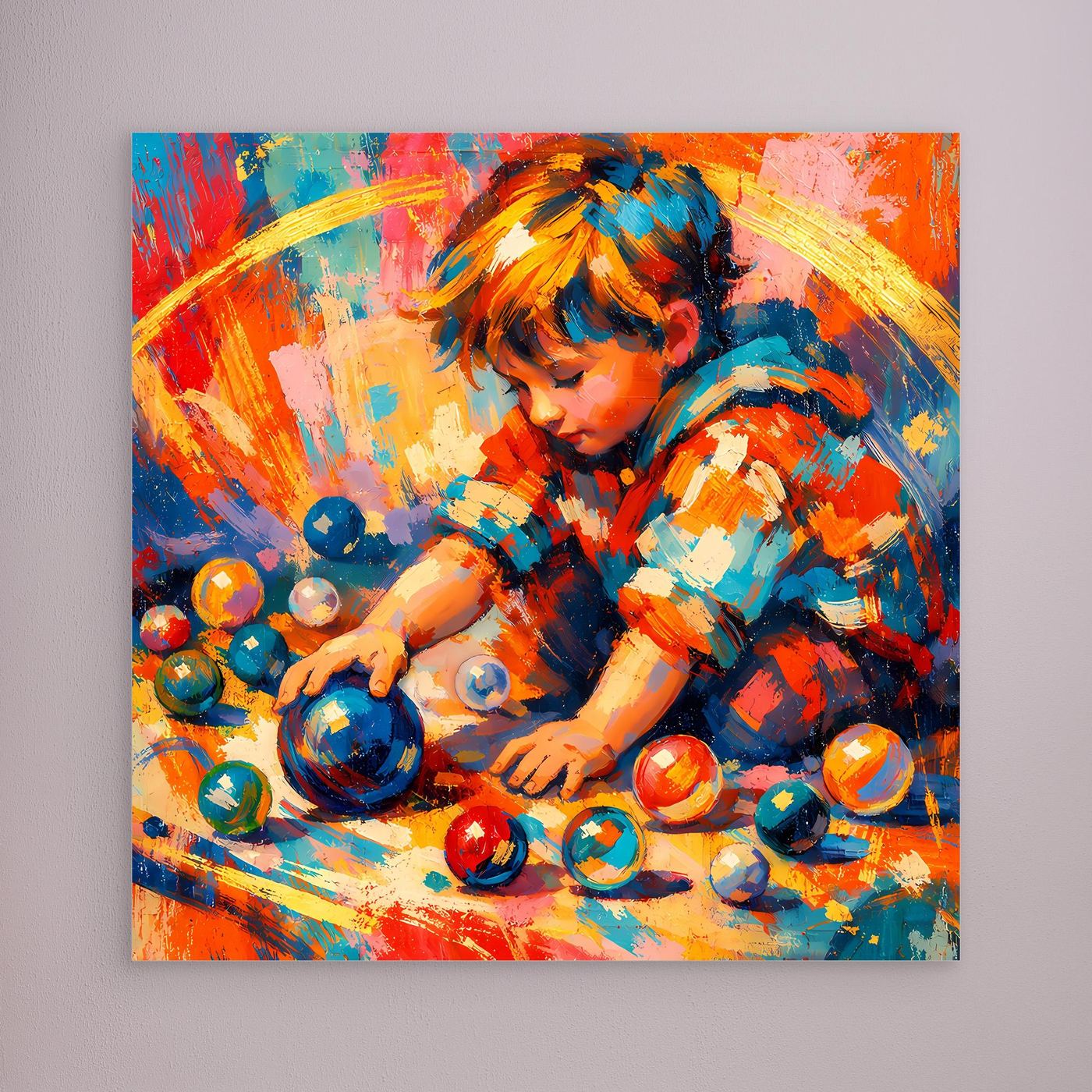 Gerahmtes Leinwandbild: abstraktes Kinderportrait mit bunten Farben, ohne sichtbaren Rahmen