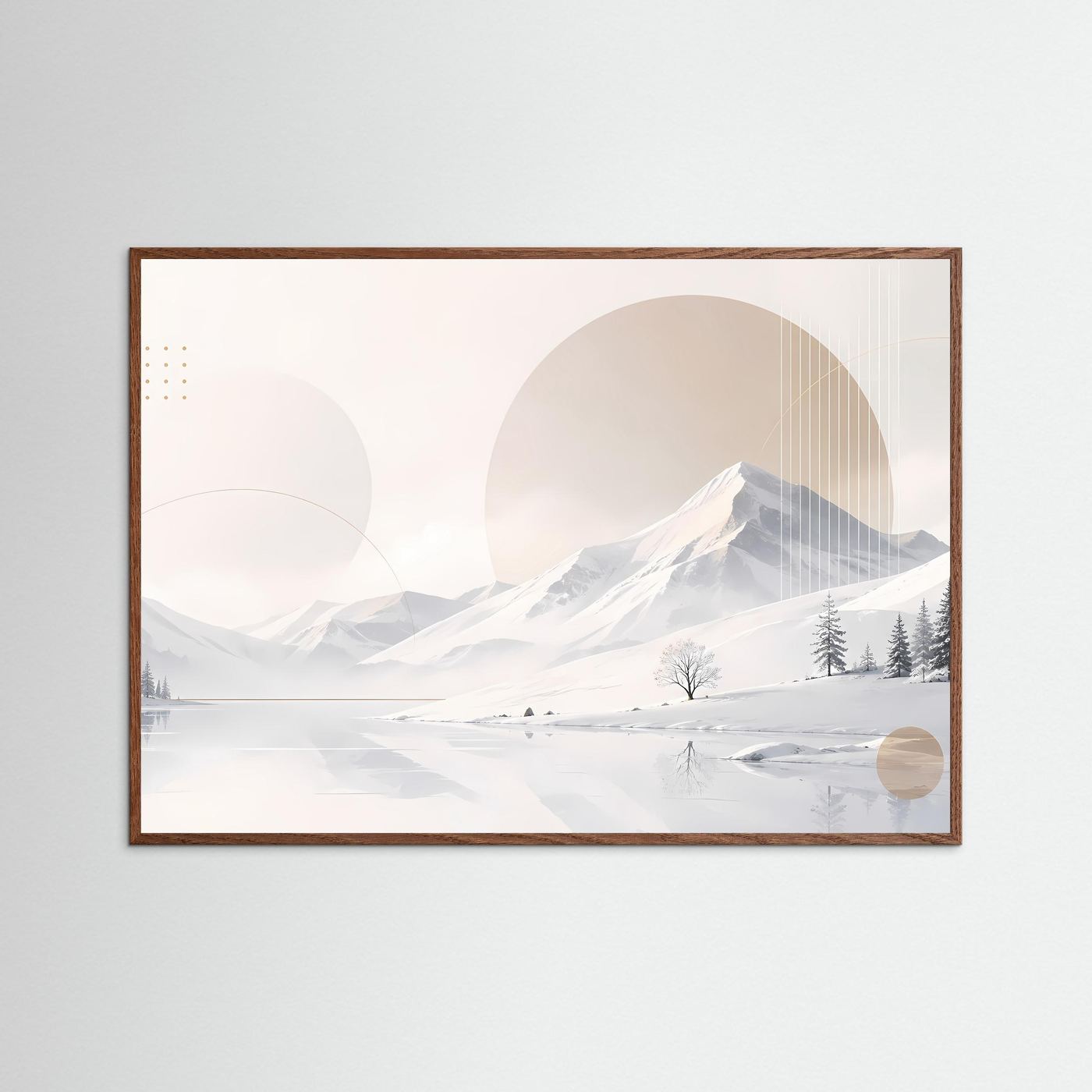 Poster im Querformat mit winterlicher Berglandschaft, dunkler Holzrahmen, Weiß-Beige