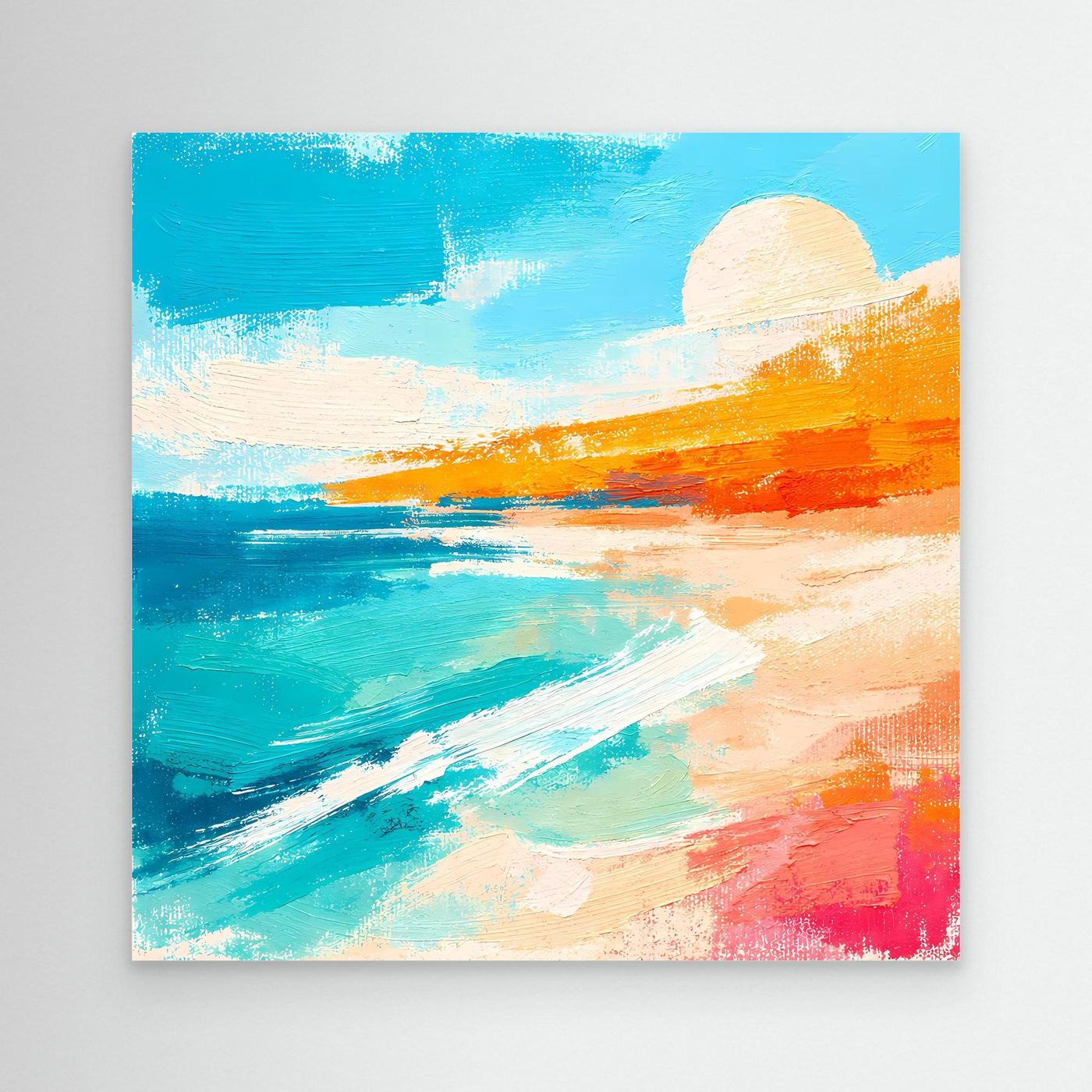 Abstract coastal canvas wall art with blue ocean, sandy shore, and orange sunset.