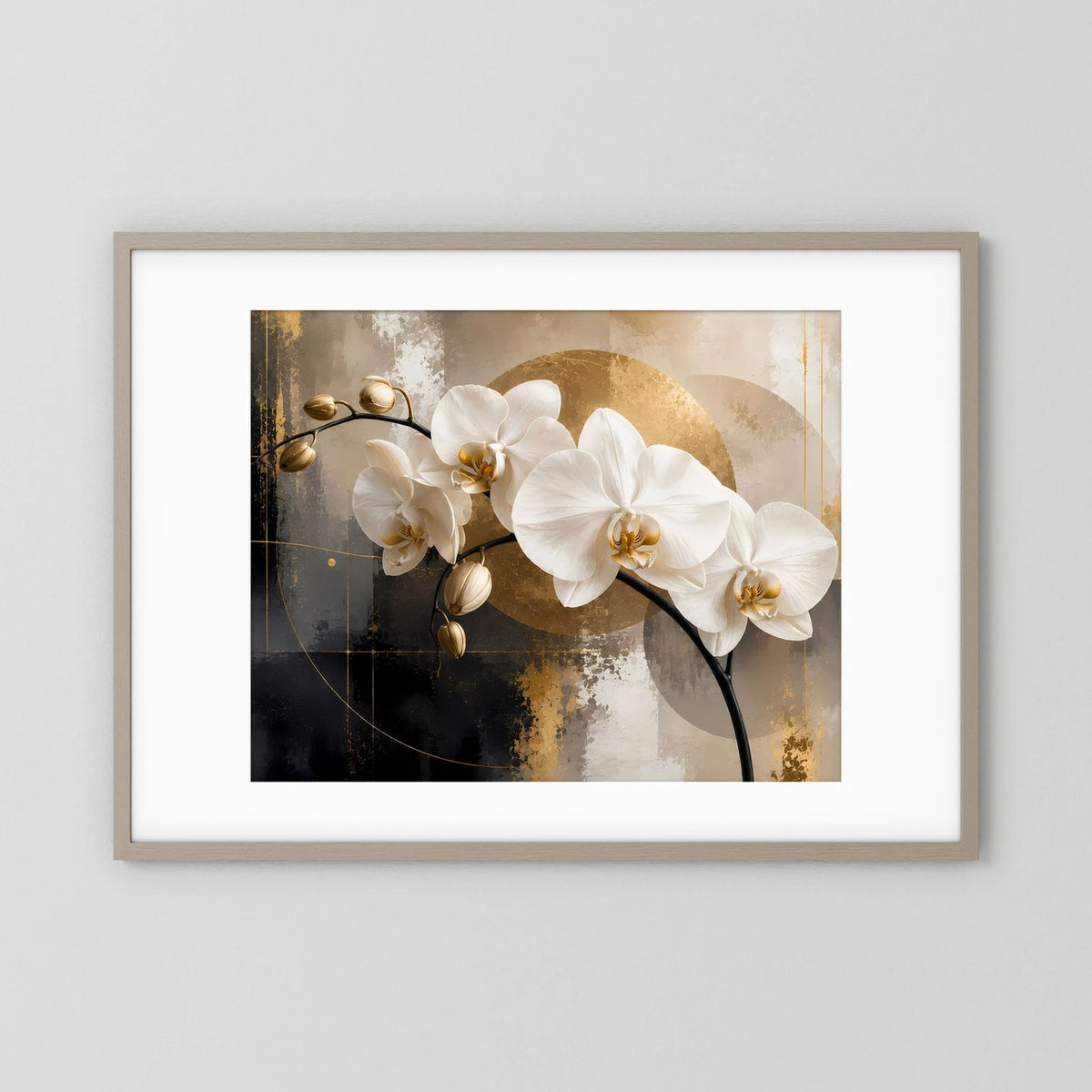 Querformatiges Orchideen-Leinwandbild mit weißen Blüten und goldenem Hintergrund, hellgrau gerahmt
