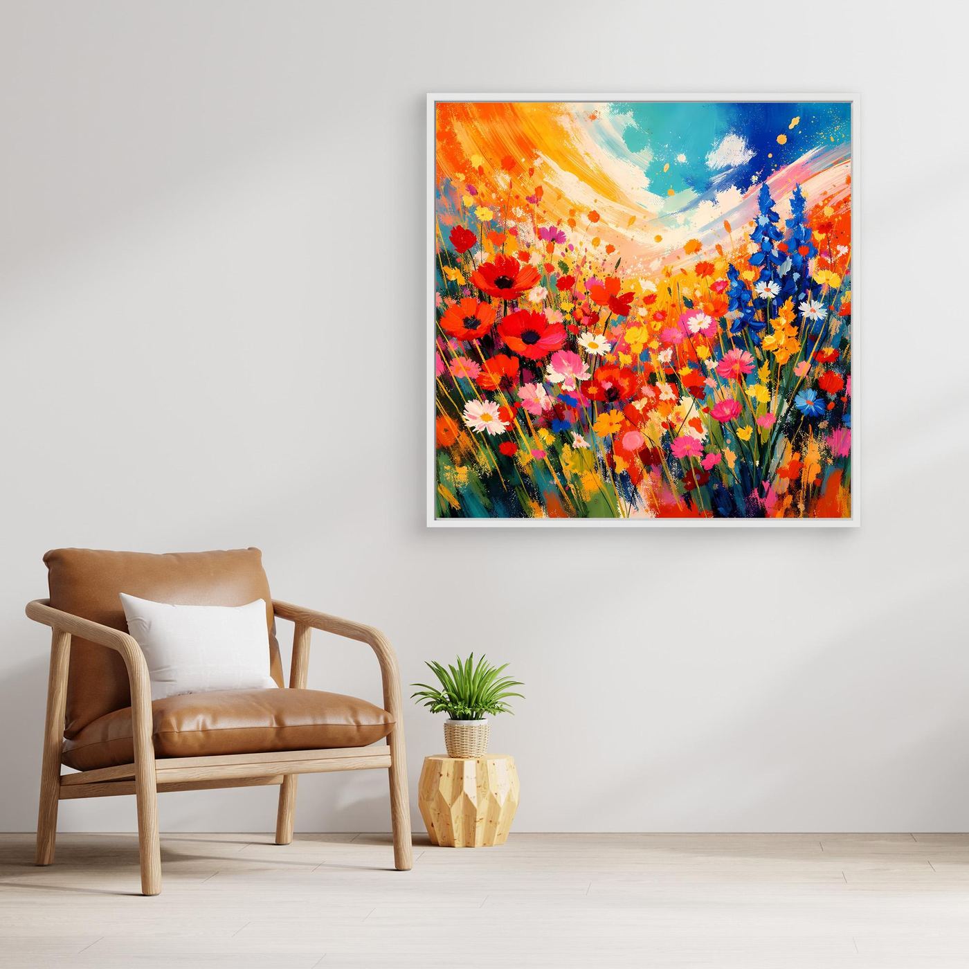 Leinwandbild bunte Blumenwiese mit abstrakten Blumen, weißer Rahmen