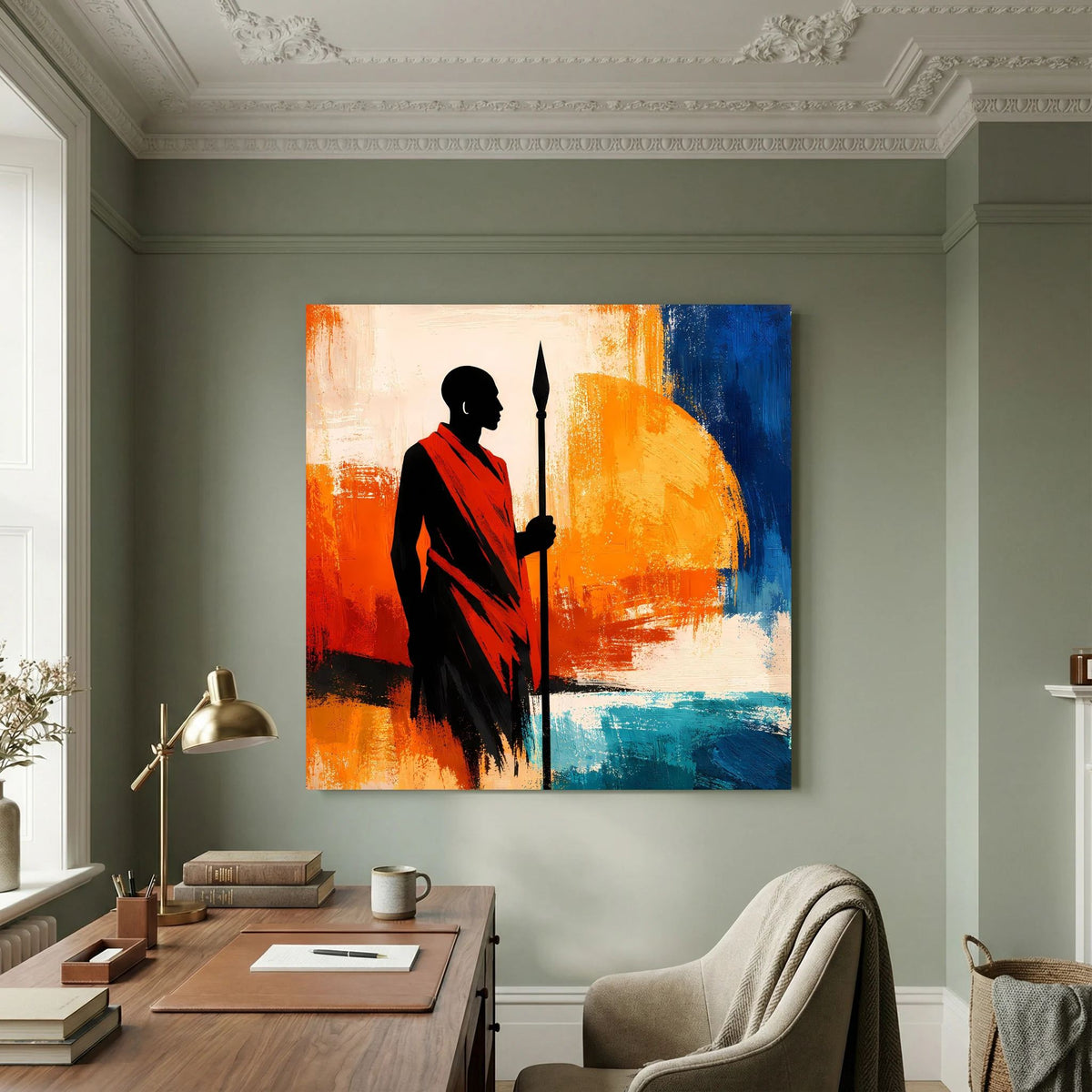 Wandbild mit Silhouette afrikanischer Kriegerfigur, rotem Umhang, rotem und blauem Hintergrund