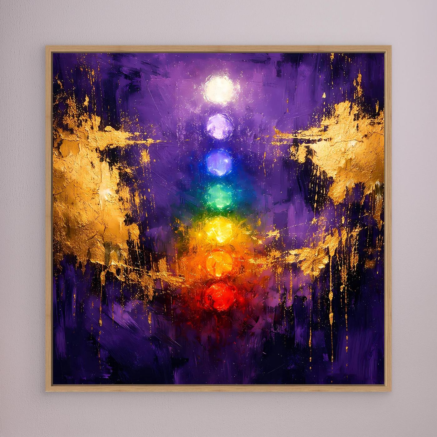 Leinwand Sieben Chakren auf tiefem Violett | Modernes Spirituelles Yoga Wandbild