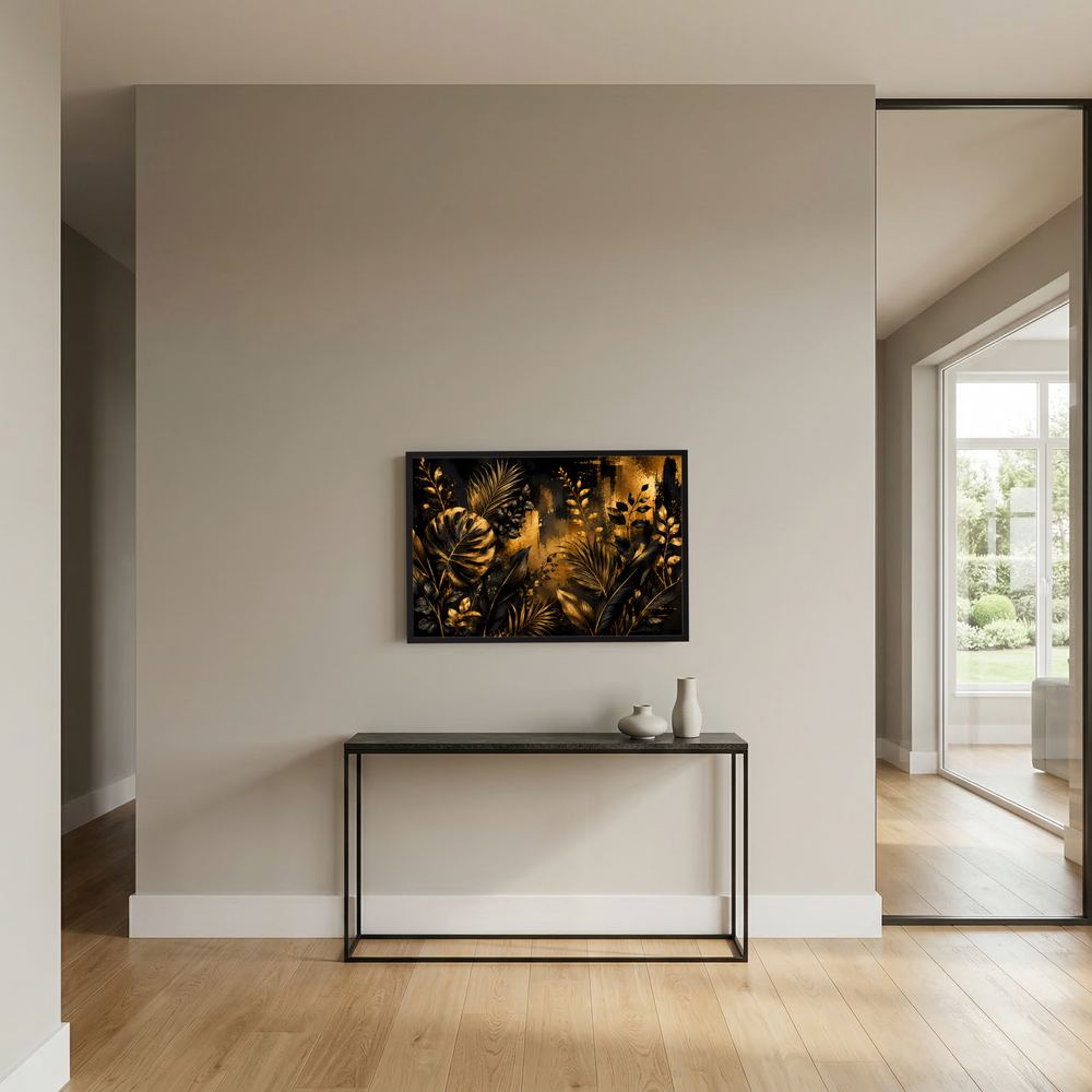 Wandbild-Poster mit goldenen Tropenblättern auf schwarzem Hintergrund, schwarzer Rahmen