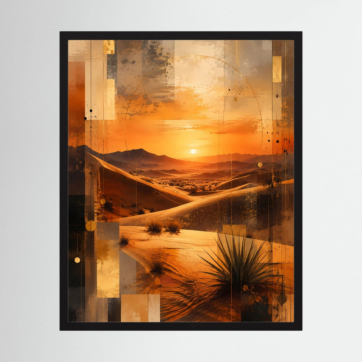 Hochformat-Poster mit abstrakter Wüstenlandschaft, gerahmt in Schwarz, Orange- und Schwarztöne