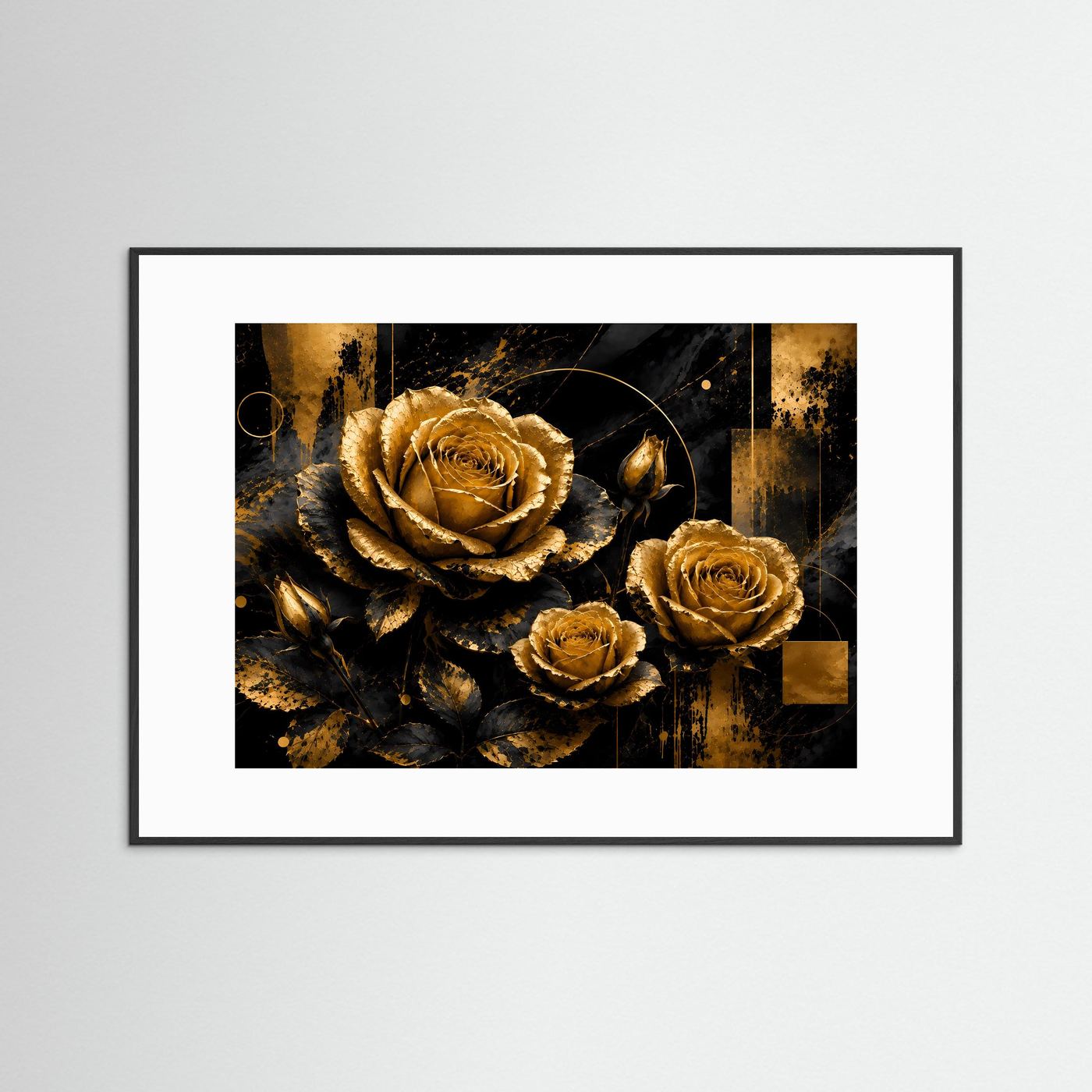 Gerahmtes Poster mit goldenen Rosen auf schwarzem Hintergrund, schwarzer Rahmen mit weißem Rand