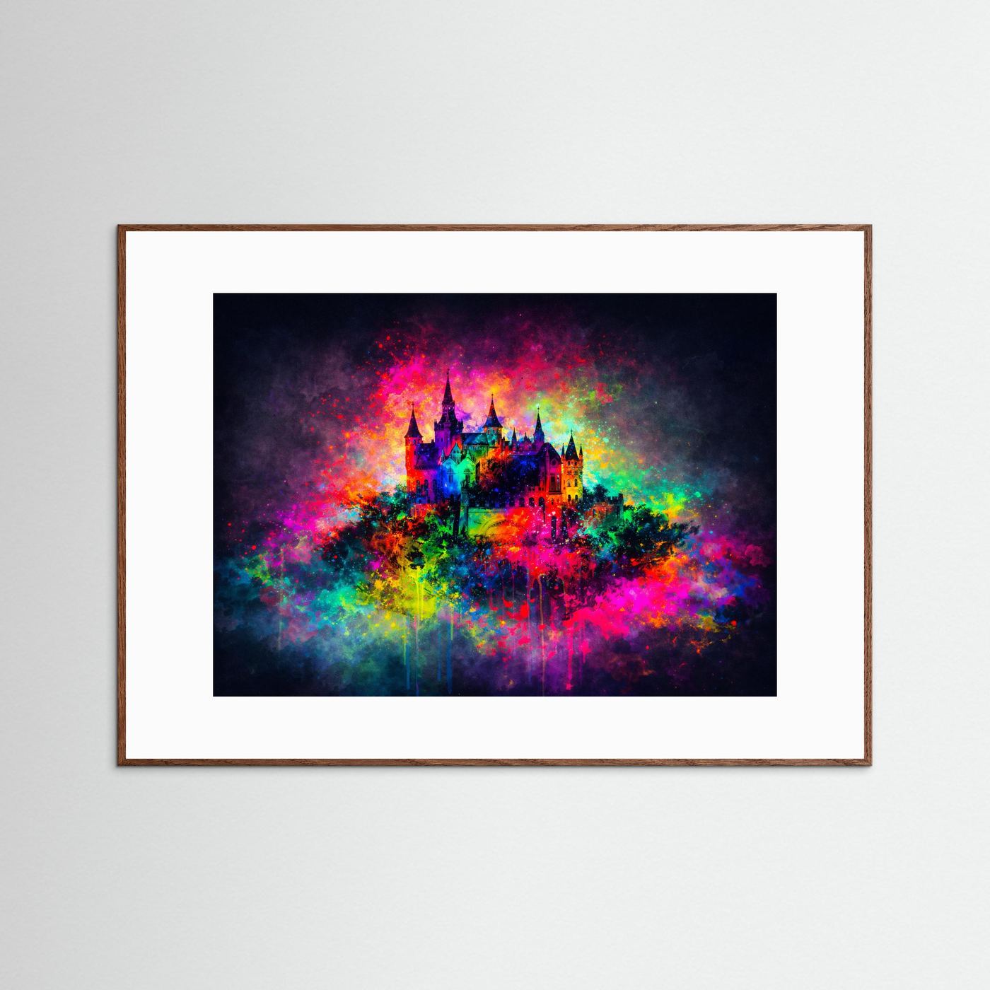 Buntes Märchenschloss im Farbexplosion-Stil | Abstrakte Kunst Poster Querformat