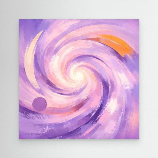 Abstraktes Leinwandbild mit Pastellwirbel in Flieder und Rosa, orangefarbener Bogen, Nahansicht