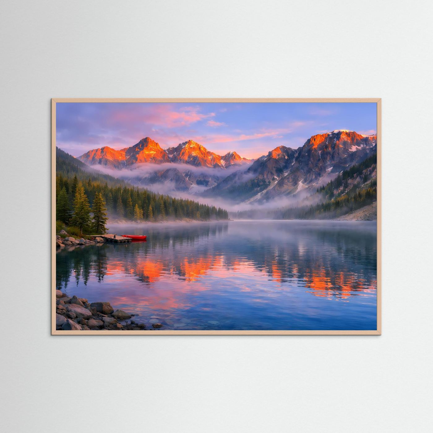 Wandbild mit Landschaftsmotiv: Bergsee bei Sonnenaufgang, beigefarbener Rahmen