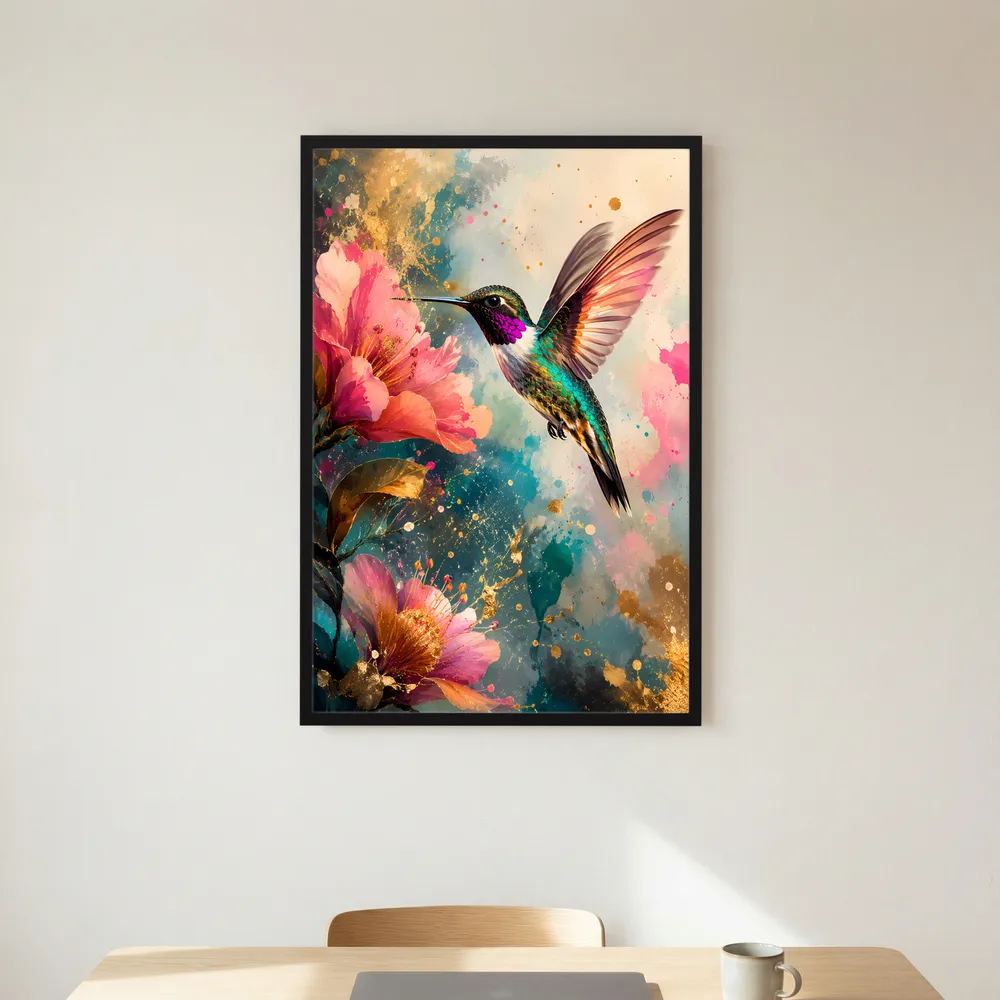Gerahmtes Kunstposter: Kolibri im Flug, rosa Blüten, bunte Farbspritzer und Goldglanz