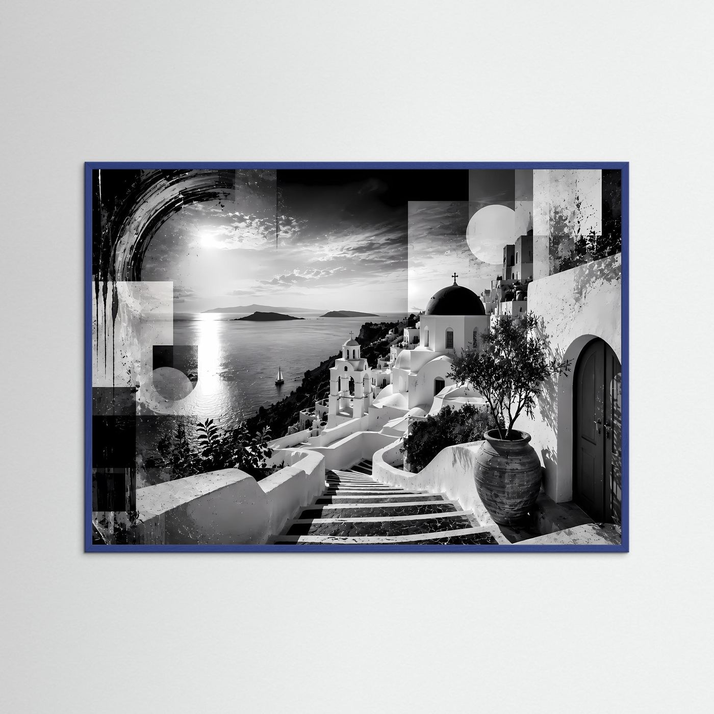 Santorini in Schwarz-Weiß | Abstrakte Griechenland Wandkunst mit Meerblick